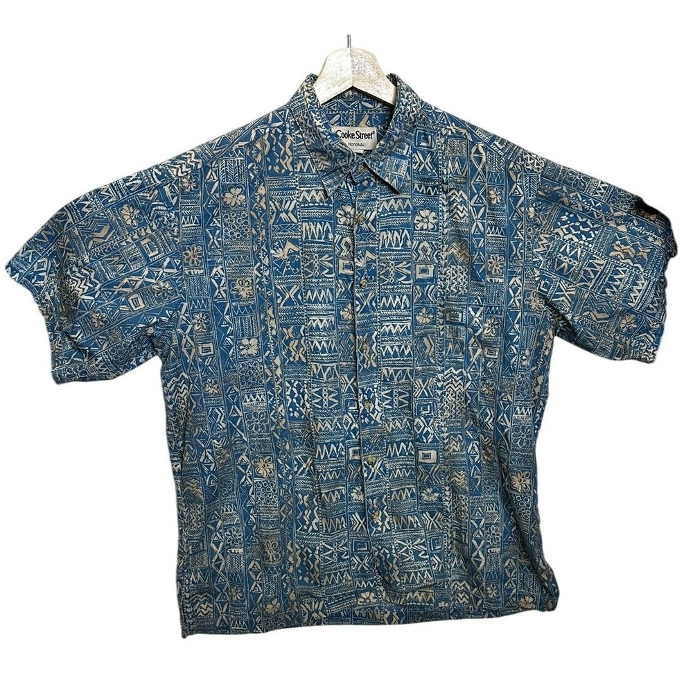 Cooke Street Aloha Shirt Mens Med Blue Tribal Geometric Floral Hawaiian Cotton
